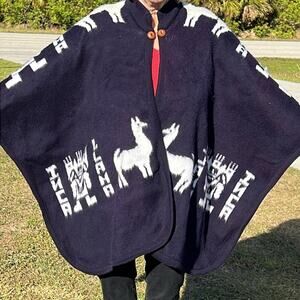 Llama INCA Print Navy Blue White Poncho Sweater Cape Boho Hippie Cozy Warm